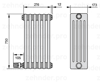 Схема (чертеж) Радиатор Zehnder Charleston 5075/6 №V003 Белый глянцевый RAL 9016